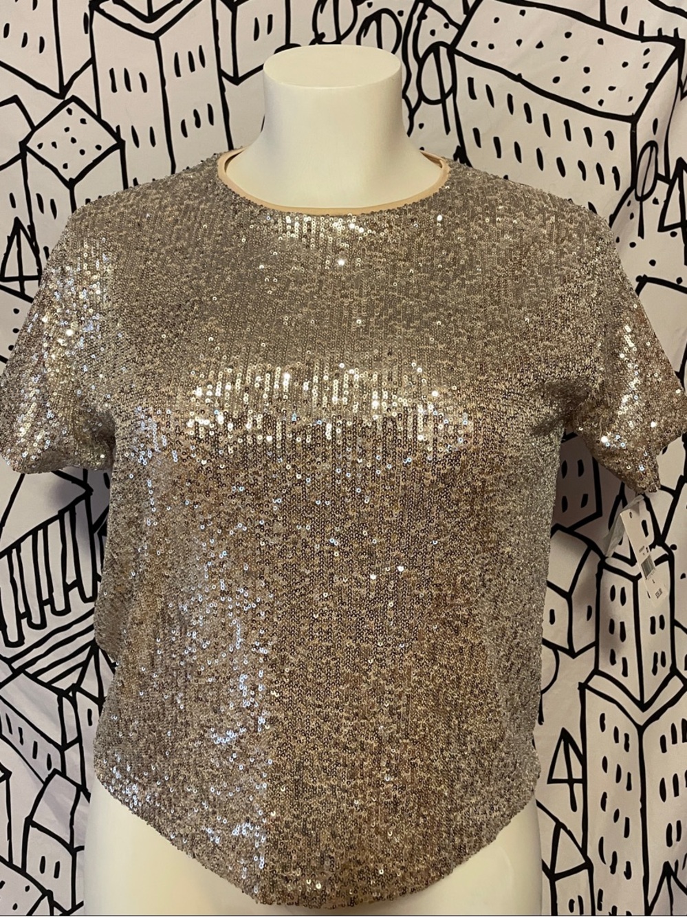 Sequin Short Sleeve Top — Silver taupe button back of neck